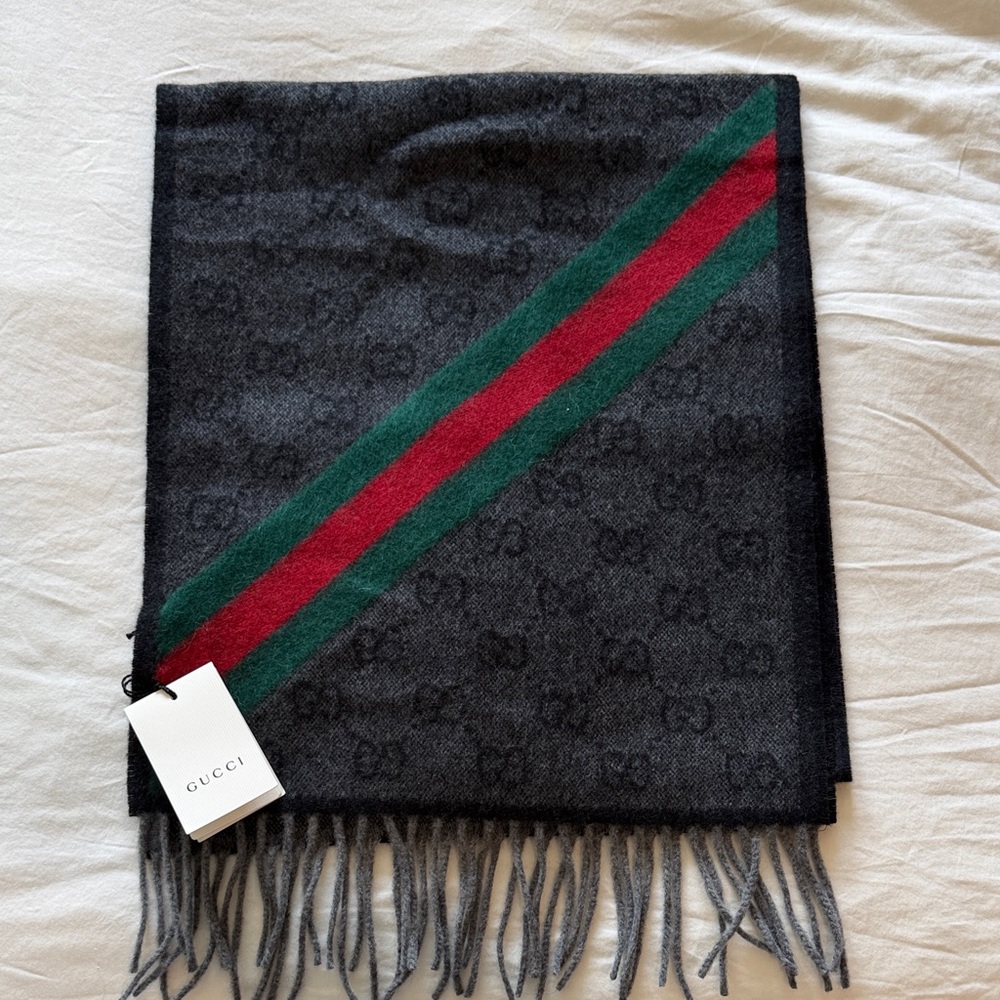 Gucci Charcoal Scarf with Green and Red Stripe
